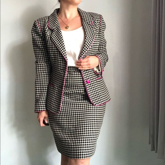VTG 80s Ungaro Houndstooth Blazer & Pencil Skirt Suit SET S Wool Preppy Career - Picture 1 of 14